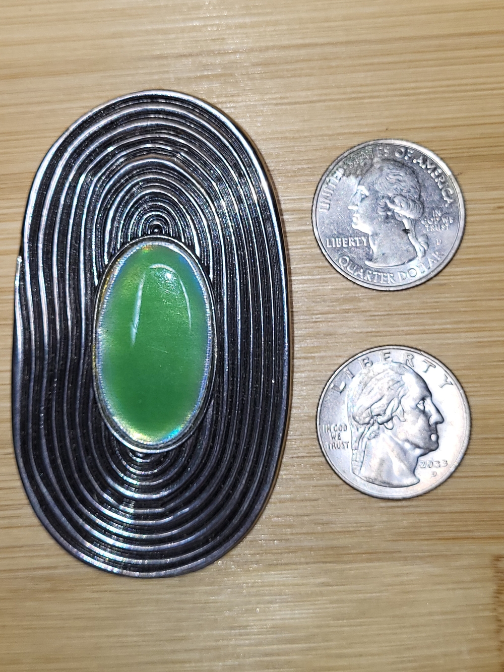 Oval Green Acrylic Pendant on Textured Silver-Tone Base